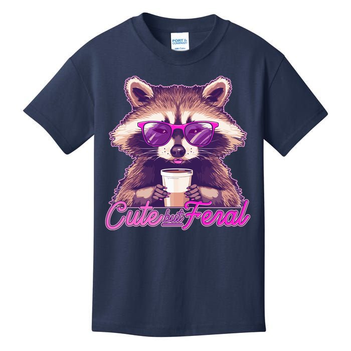 Funny Cute But Feral Coffee Raccoon Kids T-Shirt