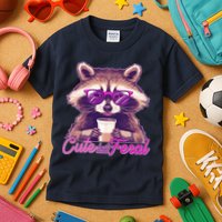 Funny Cute But Feral Coffee Raccoon Kids T-Shirt