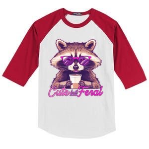 Funny Cute But Feral Coffee Raccoon Kids Colorblock Raglan Jersey