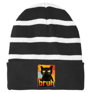 Funny Cat Bruh Meme Graphic Striped Beanie with Solid Band