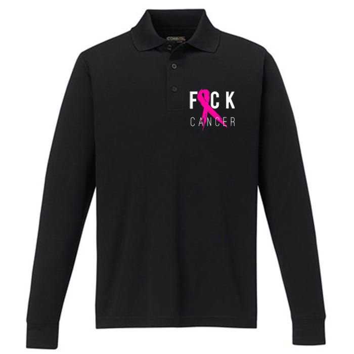 Fuck Cancer Breast Cancer Awareness Gift Retro Distressed Performance Long Sleeve Polo