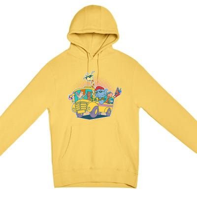 Funny Cool Back to School Animals School Bus Premium Pullover Hoodie