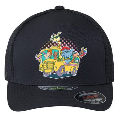 Funny Cool Back to School Animals School Bus Flexfit Unipanel Trucker Cap