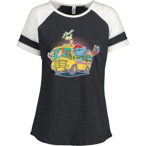 Funny Cool Back to School Animals School Bus Enza Ladies Jersey Colorblock Tee