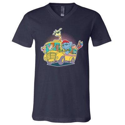 Funny Cool Back to School Animals School Bus V-Neck T-Shirt