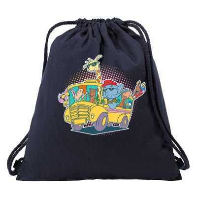 Funny Cool Back to School Animals School Bus Drawstring Bag