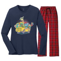 Funny Cool Back to School Animals School Bus Women's Long Sleeve Flannel Pajama Set 