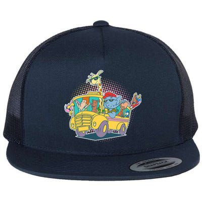 Funny Cool Back to School Animals School Bus Flat Bill Trucker Hat