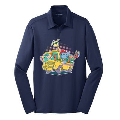 Funny Cool Back to School Animals School Bus Silk Touch Performance Long Sleeve Polo