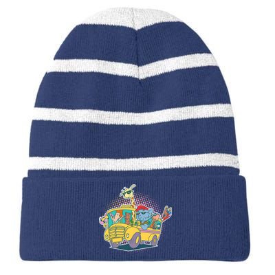 Funny Cool Back to School Animals School Bus Striped Beanie with Solid Band