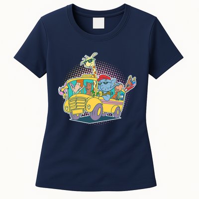 Funny Cool Back to School Animals School Bus Womens T-Shirt