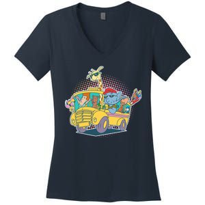 Funny Cool Back to School Animals School Bus Women's V-Neck T-Shirt