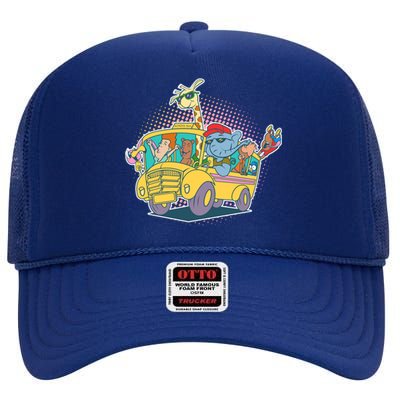 Funny Cool Back to School Animals School Bus High Crown Mesh Back Trucker Hat