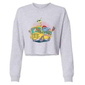 Funny Cool Back to School Animals School Bus Cropped Pullover Crew