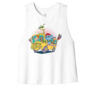 Funny Cool Back to School Animals School Bus Women's Racerback Cropped Tank