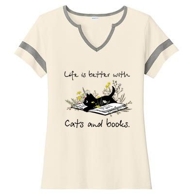 Funny Cat Book Life Is Better With Cats And Books Ladies Halftime Notch Neck Tee