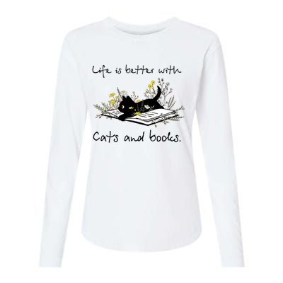 Funny Cat Book Life Is Better With Cats And Books Womens Cotton Relaxed Long Sleeve T-Shirt