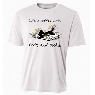 Funny Cat Book Life Is Better With Cats And Books Cooling Performance Crew T-Shirt