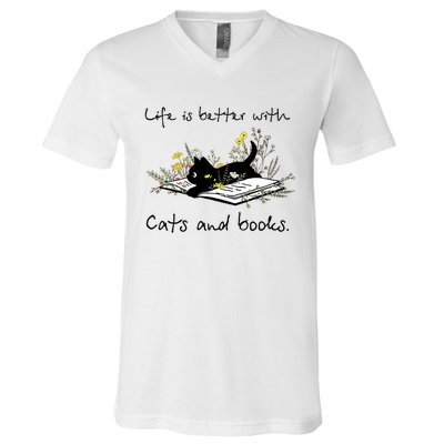 Funny Cat Book Life Is Better With Cats And Books V-Neck T-Shirt