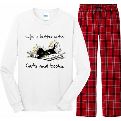 Funny Cat Book Life Is Better With Cats And Books Long Sleeve Pajama Set