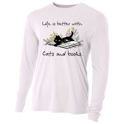 Funny Cat Book Life Is Better With Cats And Books Cooling Performance Long Sleeve Crew