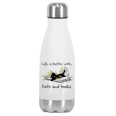 Funny Cat Book Life Is Better With Cats And Books Stainless Steel Insulated Water Bottle