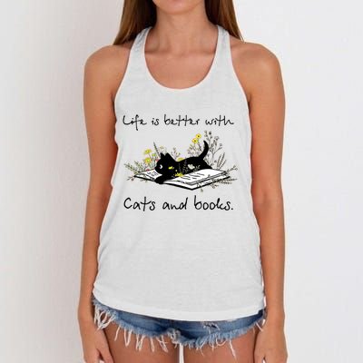 Funny Cat Book Life Is Better With Cats And Books Women's Knotted Racerback Tank