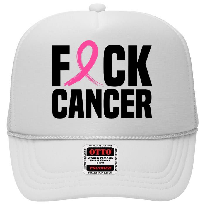 Fuck Cancer Breast Cancer Awareness Gift Retro Distressed High Crown Mesh Back Trucker Hat