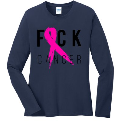 Fuck Cancer Breast Cancer Awareness Retro Distressed Ladies Long Sleeve Shirt