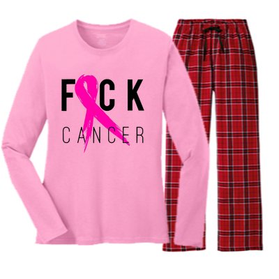 Fuck Cancer Breast Cancer Awareness Retro Distressed Women's Long Sleeve Flannel Pajama Set 