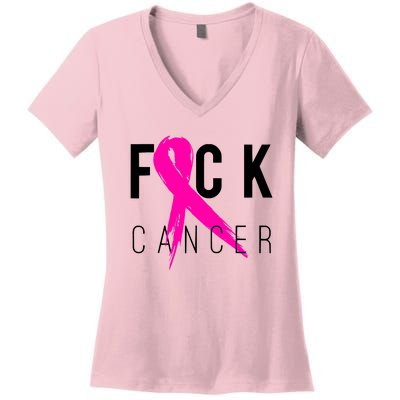 Fuck Cancer Breast Cancer Awareness Retro Distressed Women's V-Neck T-Shirt