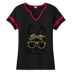 Funny Cute Bunny Wearing Glasses Leopard Easter Day Ladies Halftime Notch Neck Tee