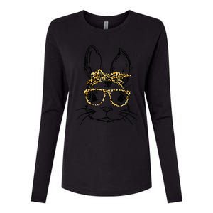 Funny Cute Bunny Wearing Glasses Leopard Easter Day Womens Cotton Relaxed Long Sleeve T-Shirt