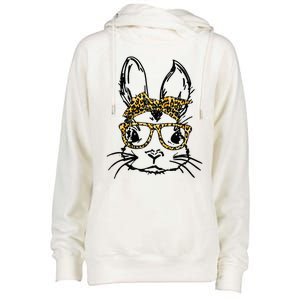 Funny Cute Bunny Wearing Glasses Leopard Easter Day Womens Funnel Neck Pullover Hood