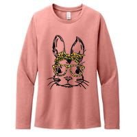 Funny Cute Bunny Wearing Glasses Leopard Easter Day Womens CVC Long Sleeve Shirt