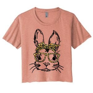 Funny Cute Bunny Wearing Glasses Leopard Easter Day Women's Crop Top Tee