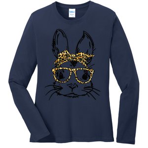 Funny Cute Bunny Wearing Glasses Leopard Easter Day Ladies Long Sleeve Shirt