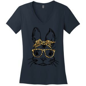 Funny Cute Bunny Wearing Glasses Leopard Easter Day Women's V-Neck T-Shirt