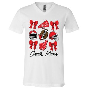 Football Coquette Bow Cheer Mom Red V-Neck T-Shirt