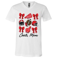 Football Coquette Bow Cheer Mom Red V-Neck T-Shirt