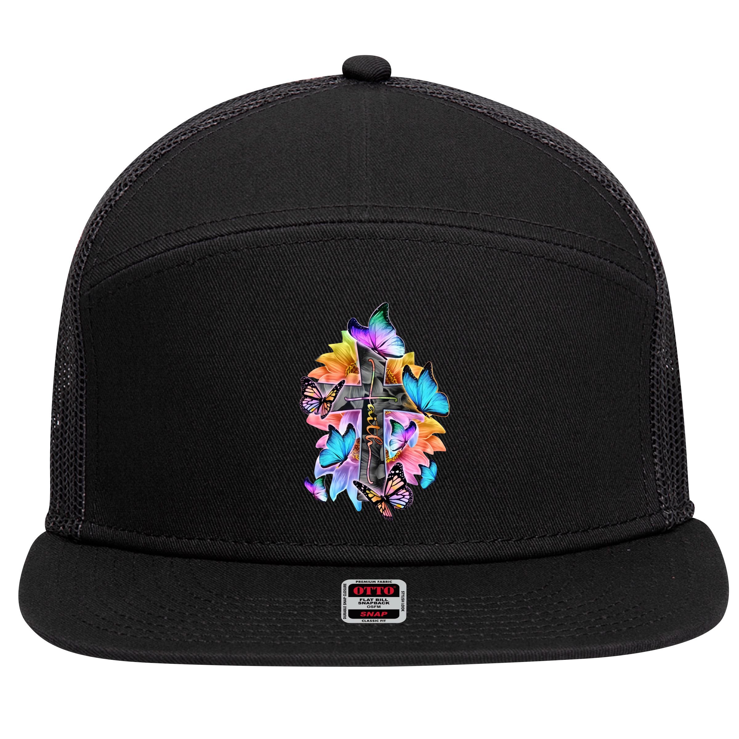 Faith Cross Butterfly With Flowers 7 Panel Mesh Trucker Snapback Hat
