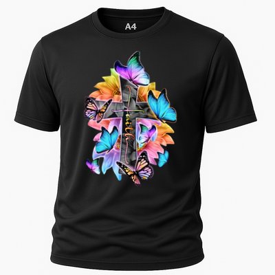 Faith Cross Butterfly With Flowers Performance Shirt