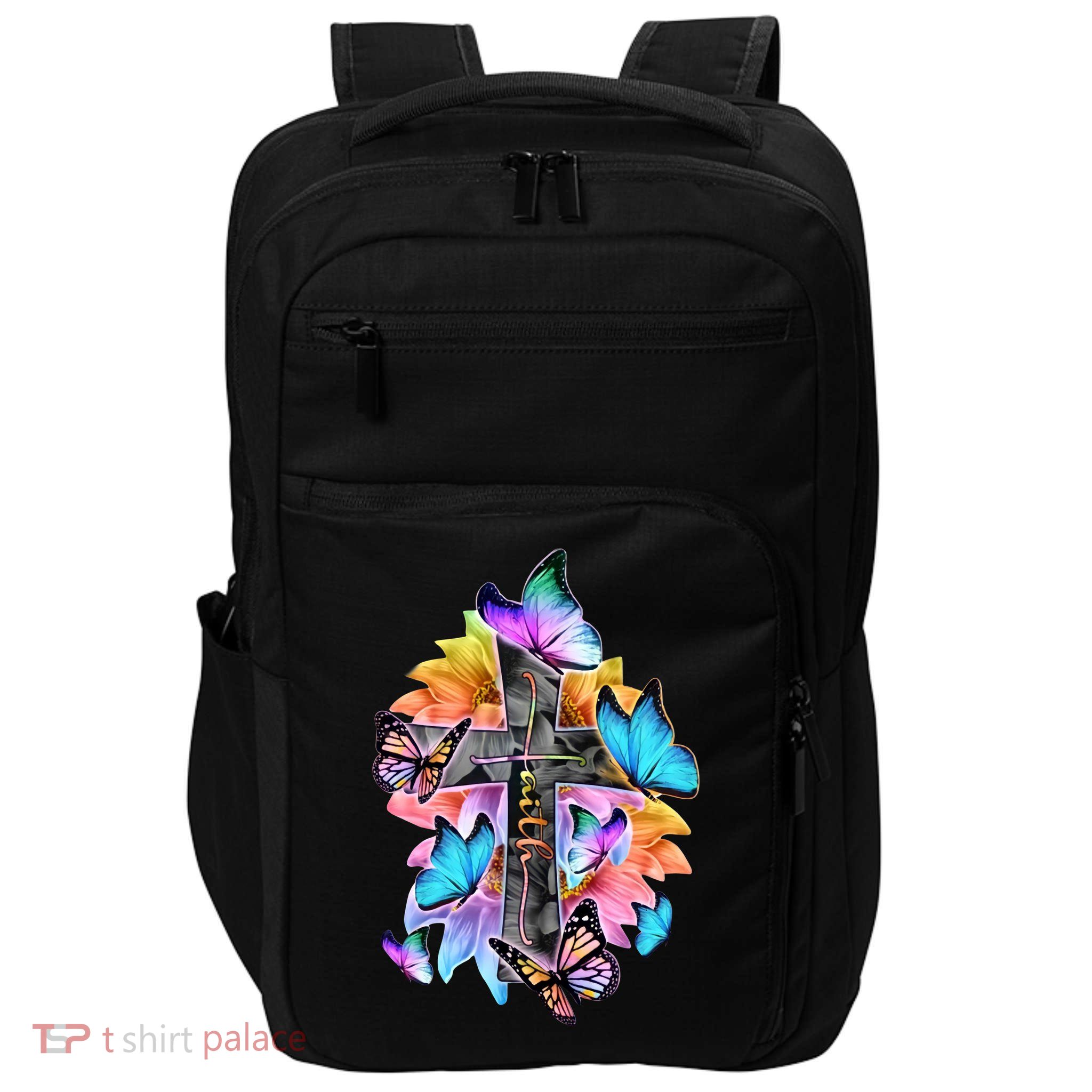 Faith Cross Butterfly With Flowers Impact Tech Backpack