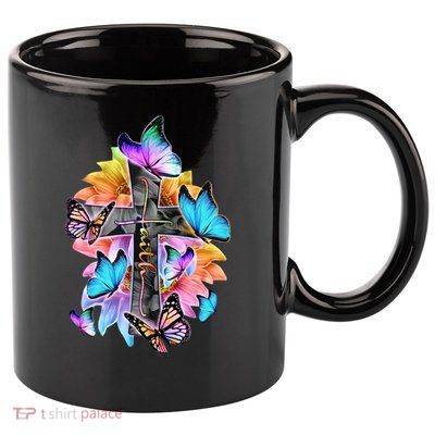 Faith Cross Butterfly With Flowers 11oz C Handle Ceramic Mug