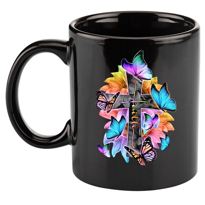Faith Cross Butterfly With Flowers 11oz C Handle Ceramic Mug