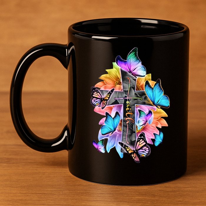 Faith Cross Butterfly With Flowers 11oz C Handle Ceramic Mug