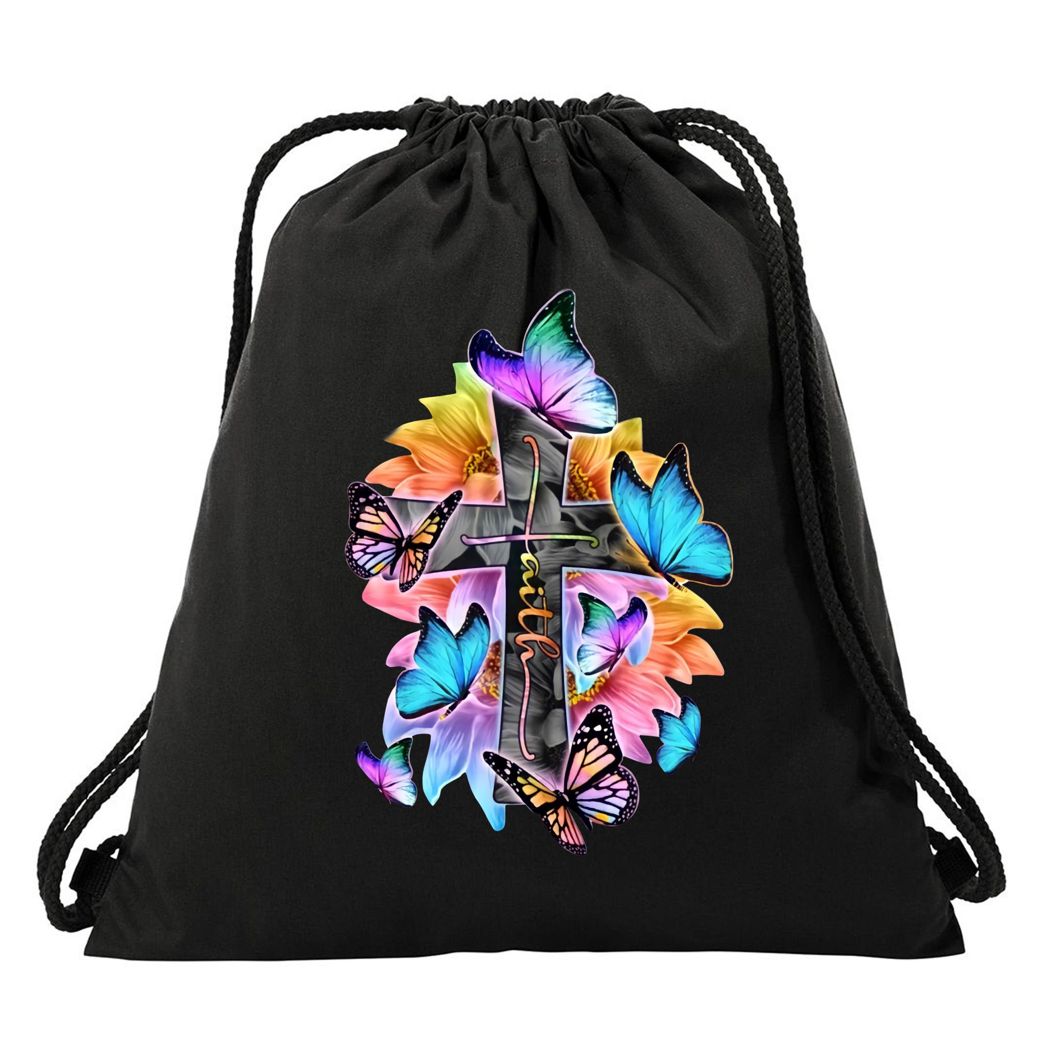 Faith Cross Butterfly With Flowers Drawstring Bag