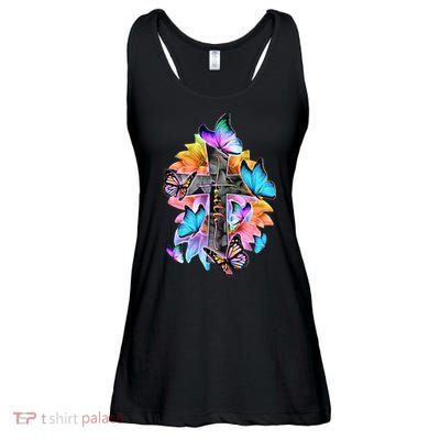 Faith Cross Butterfly With Flowers Ladies Essential Flowy Tank