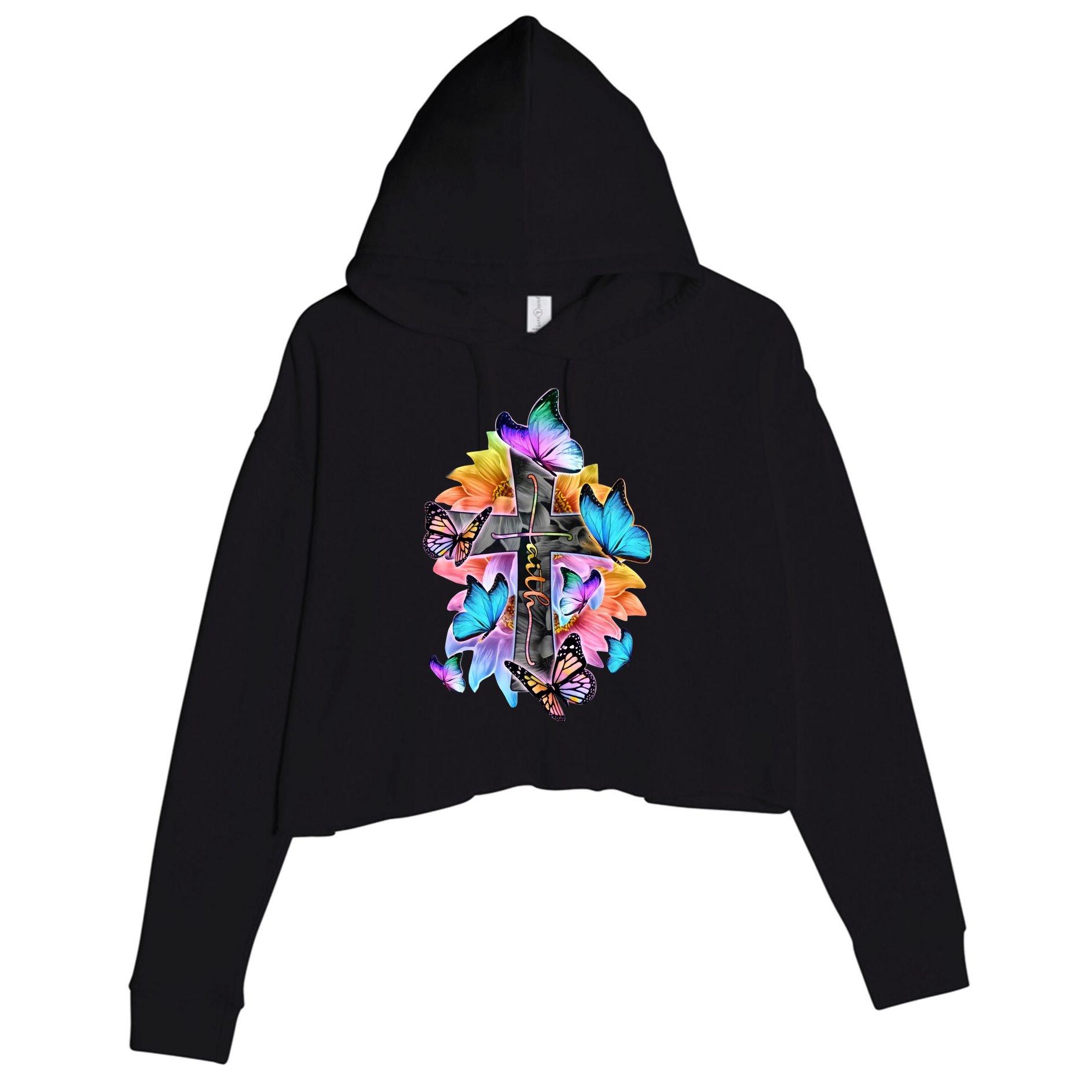 Faith Cross Butterfly With Flowers Crop Fleece Hoodie