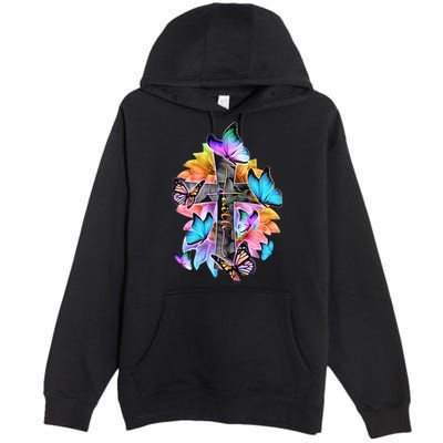 Faith Cross Butterfly With Flowers Premium Pullover Hoodie